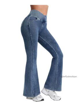 Bell Bottom Flare Stretch Jeans High Rise 4 Pocket Pull On Women